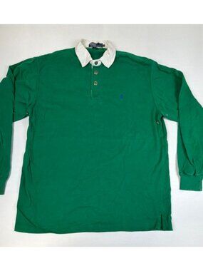 VTG Polo Ralph Lauren Men Medium M Green Long Sleeve Rugby Shirt White Collar